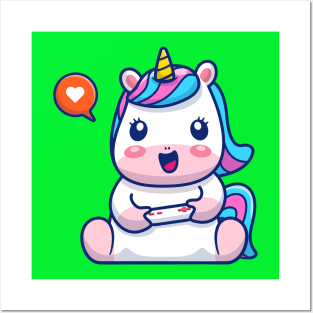 Cute Unicorn Gaming Cartoon Posters and Art